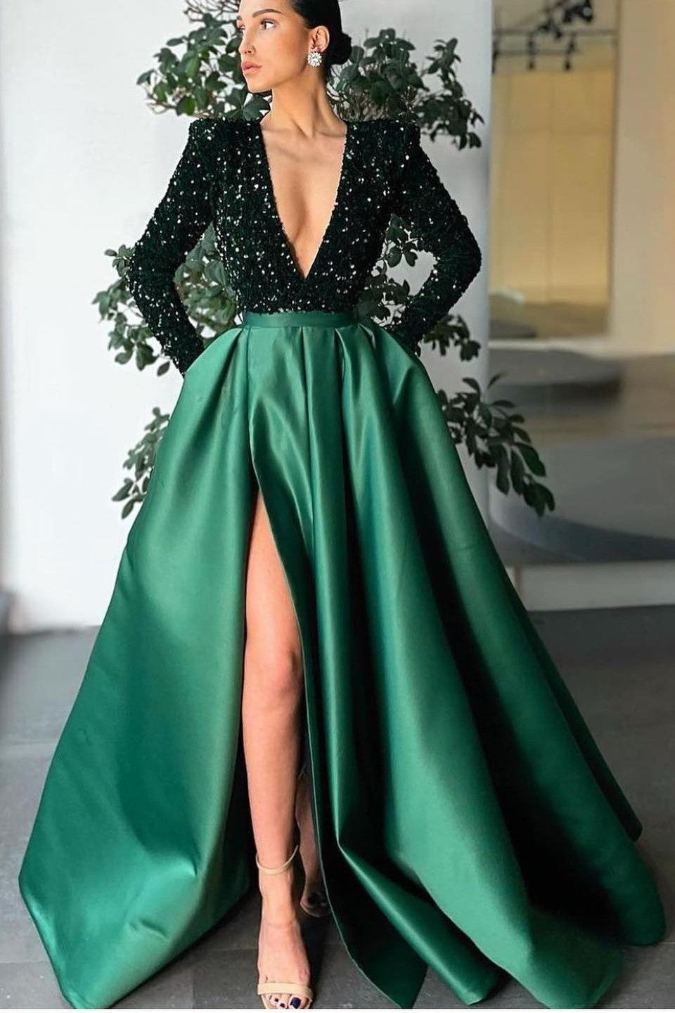 Gorgeous Long Sleeves Sequins Evening Dress with Deep V-Neck & Split-BallBride