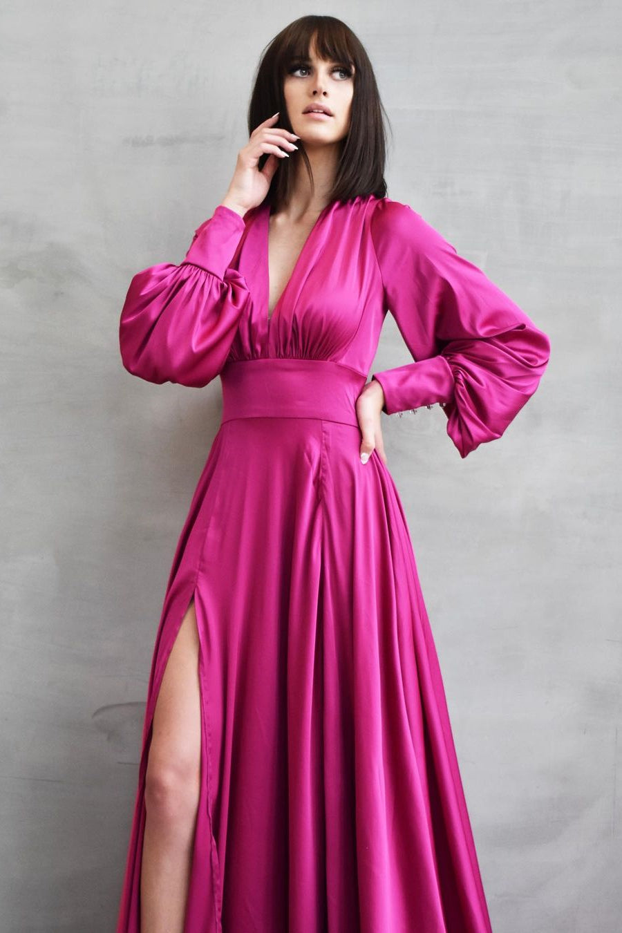 Gorgeous Long Sleeves V-Neck Prom Dress With Slit-BallBride