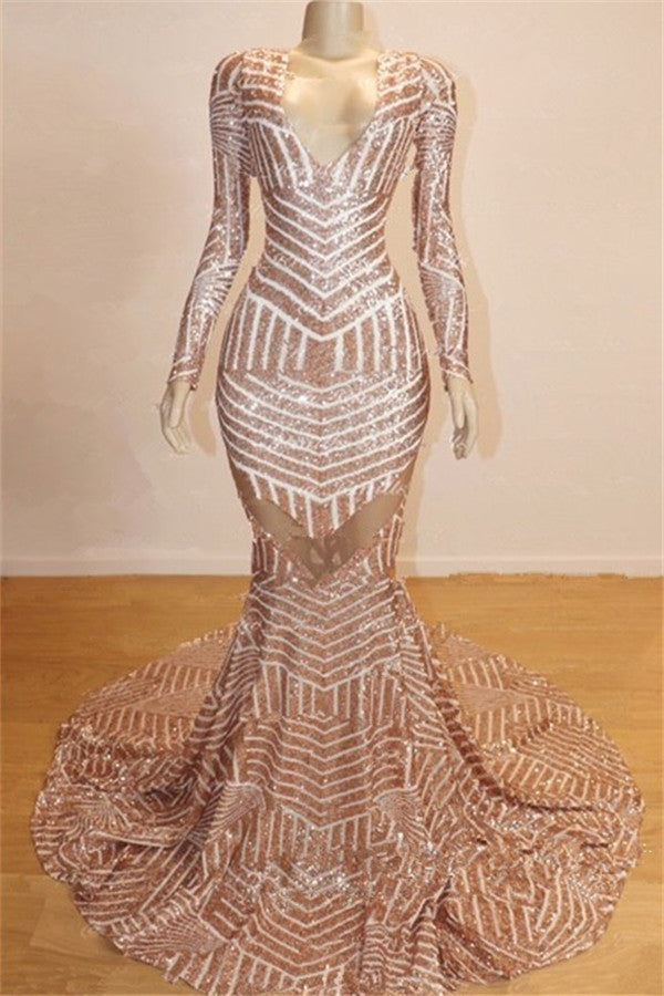 Gorgeous Long Sleevess V-Neck Shinning Sequined Prom Dress Mermaid Long-BallBride