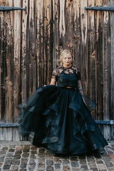 Gorgeous Long Tulle Lace Two Piece Wedding Dress With Short Sleeves-BallBride