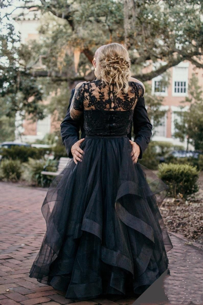 Gorgeous Long Tulle Lace Two Piece Wedding Dress With Short Sleeves-BallBride