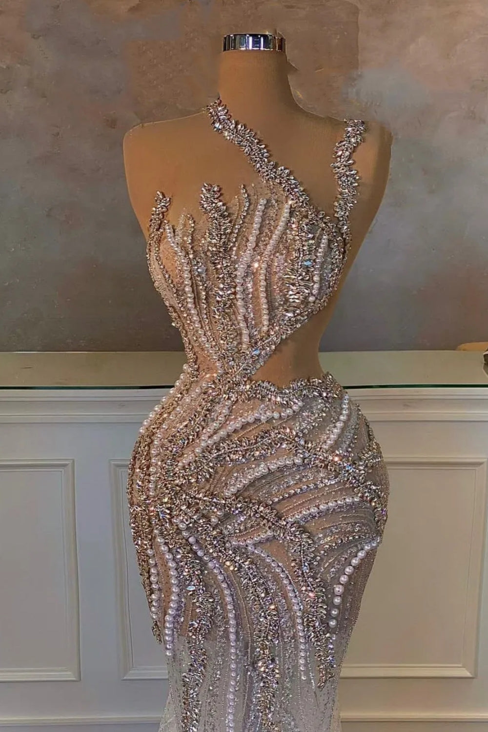 Gorgeous Mermaid Long Prom Dress with Rhinestones with Beads and Beadings-BallBride