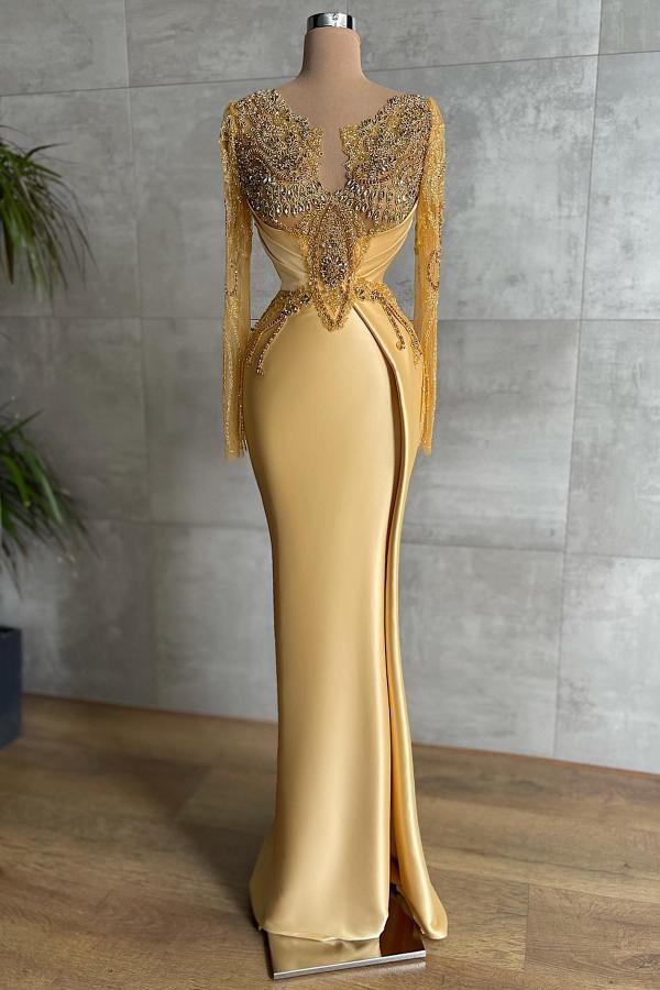 Gorgeous Mermaid Long Sleeves Floor Length Prom Dress with Beads and Rhinestones-BallBride