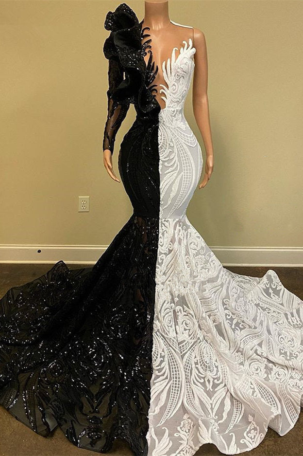 Gorgeous Mermaid Prom Dress with Black & White Lace and Sequins-BallBride