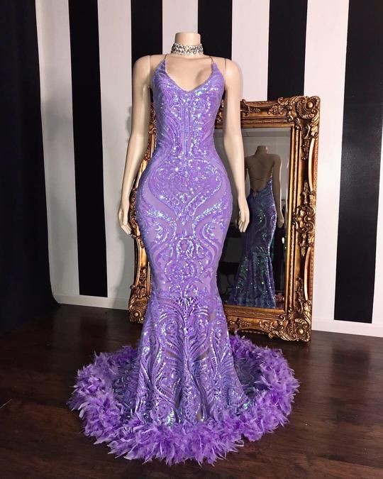 Gorgeous Mermaid Sleeveless Sequins Lace Prom Dress with Feathers-BallBride