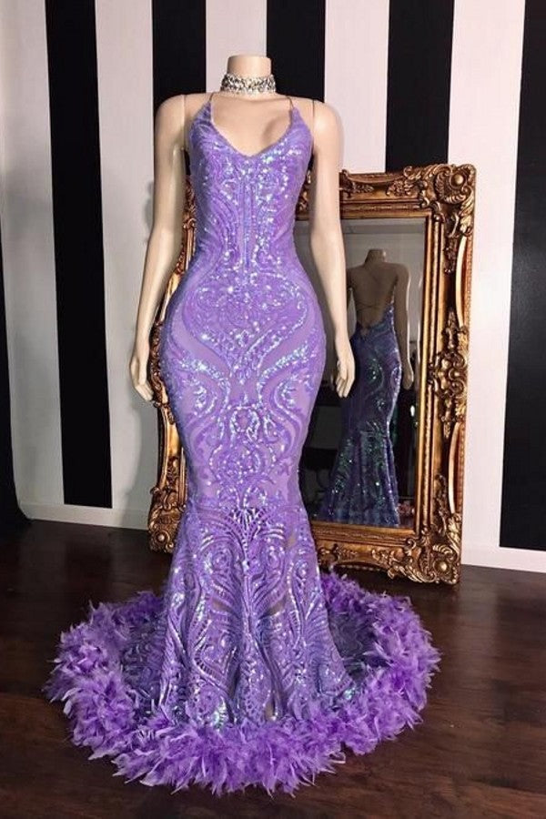 Gorgeous Mermaid Sleeveless Sequins Lace Prom Dress with Feathers-BallBride