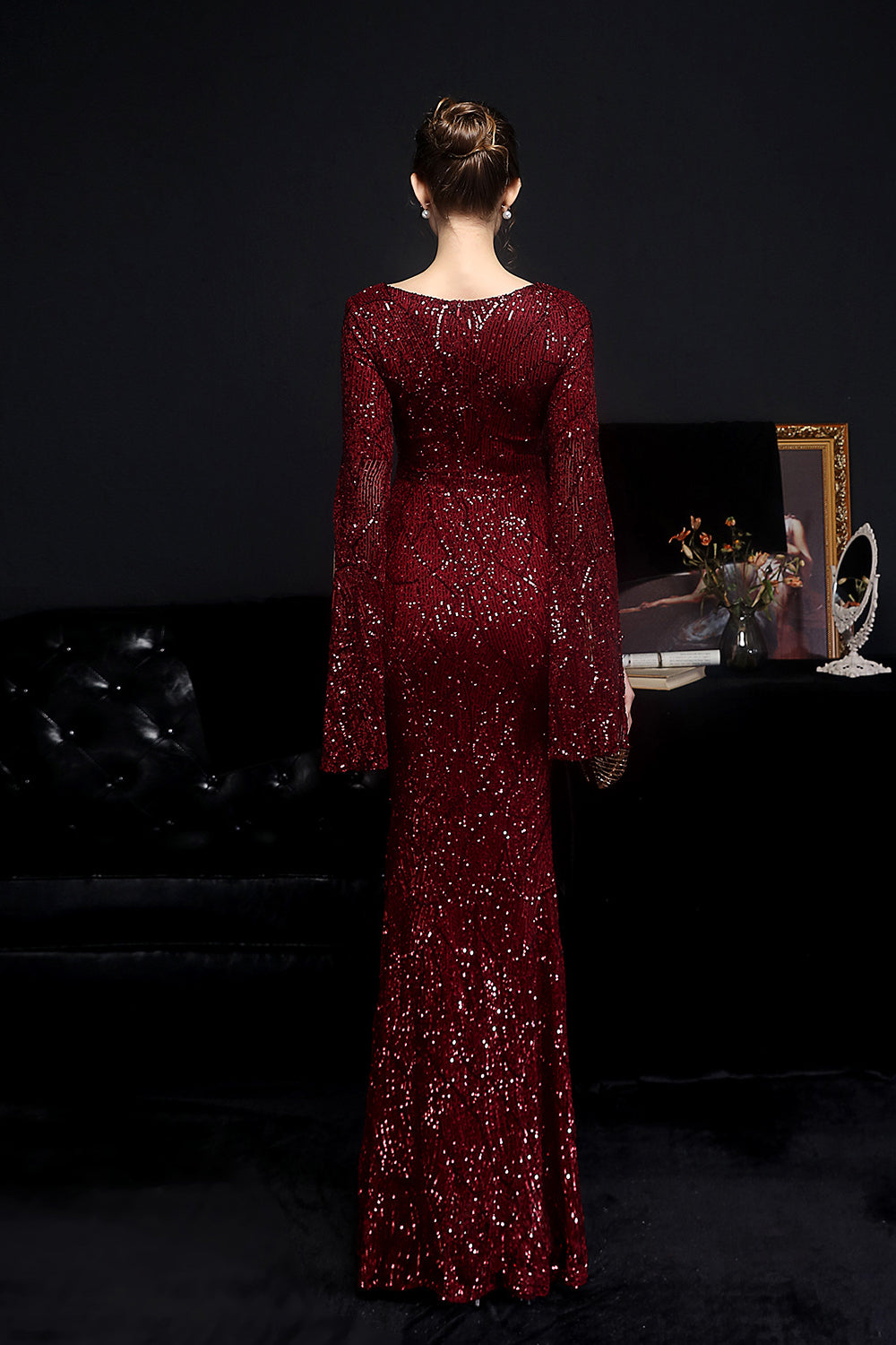 Gorgeous Mermaid V-Neck Sequins Prom Dress with Ruffle Sleeves-BallBride