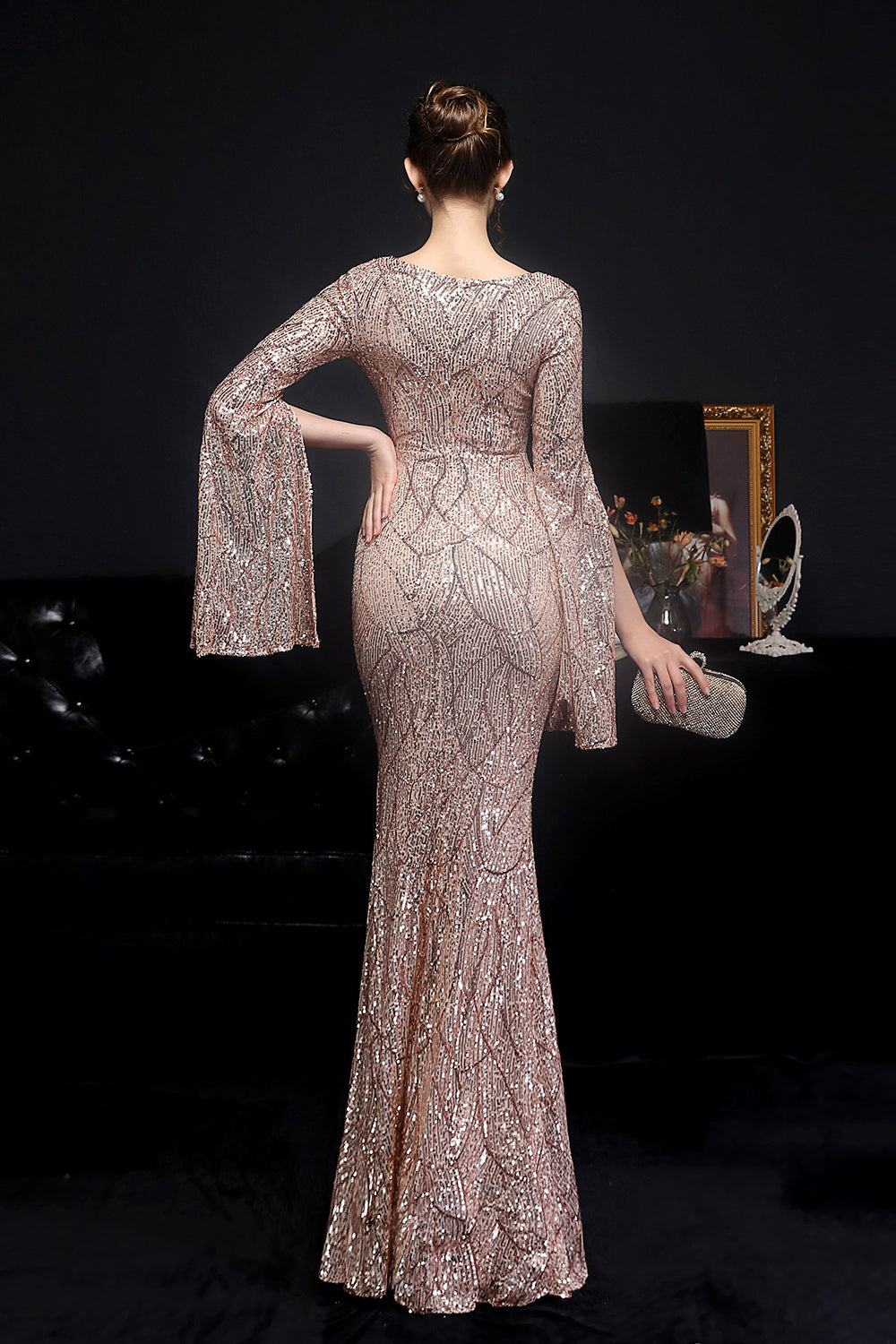 Gorgeous Mermaid V-Neck Sequins Prom Dress with Ruffle Sleeves-BallBride