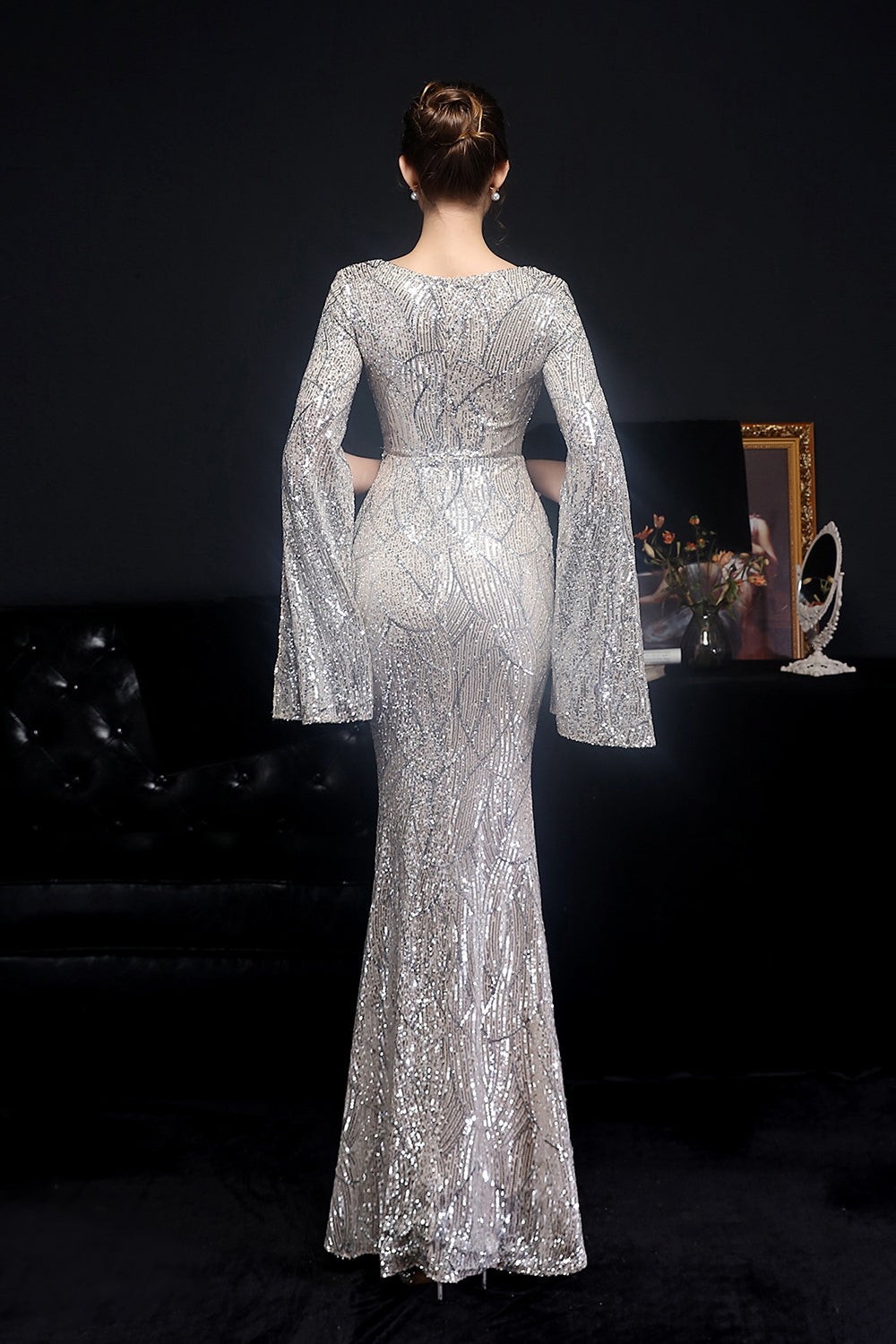 Gorgeous Mermaid V-Neck Sequins Prom Dress with Ruffle Sleeves-BallBride
