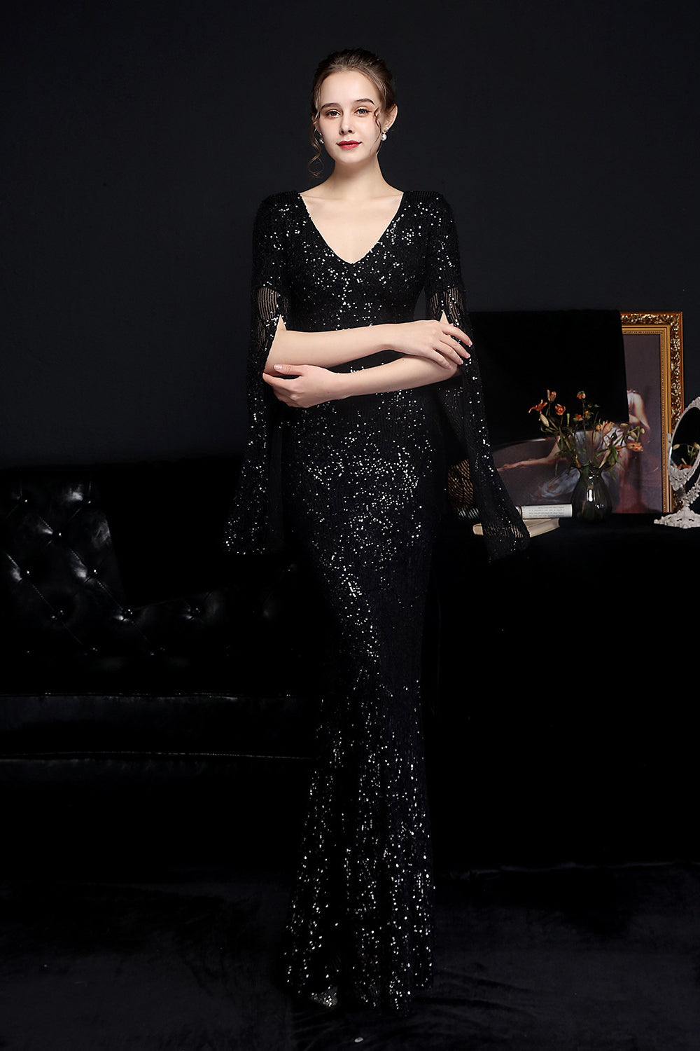 Gorgeous Mermaid V-Neck Sequins Prom Dress with Ruffle Sleeves-BallBride