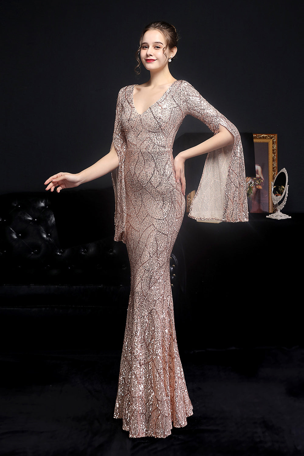 Gorgeous Mermaid V-Neck Sequins Prom Dress with Ruffle Sleeves-BallBride