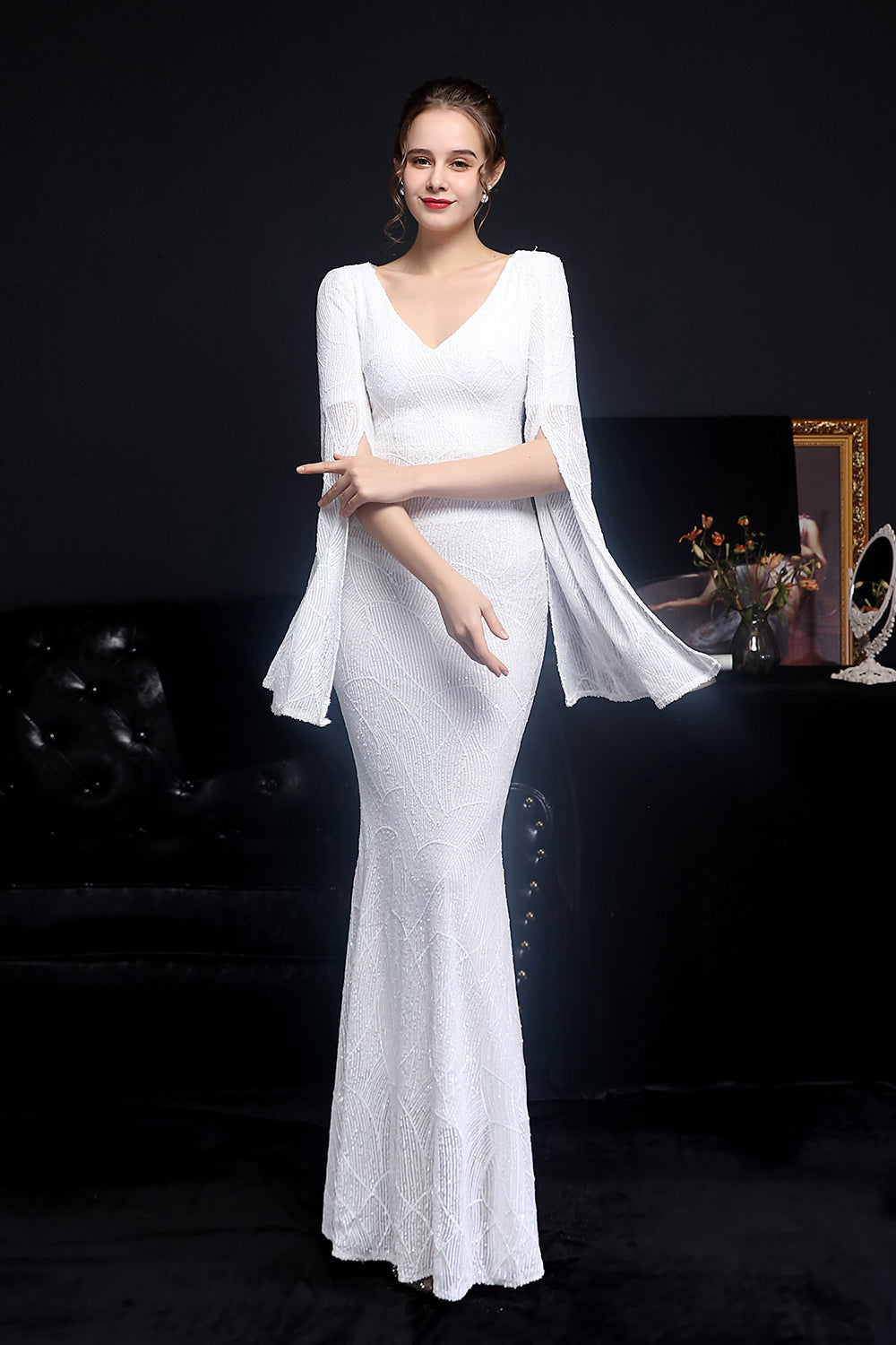 Gorgeous Mermaid V-Neck Sequins Prom Dress with Ruffle Sleeves-BallBride
