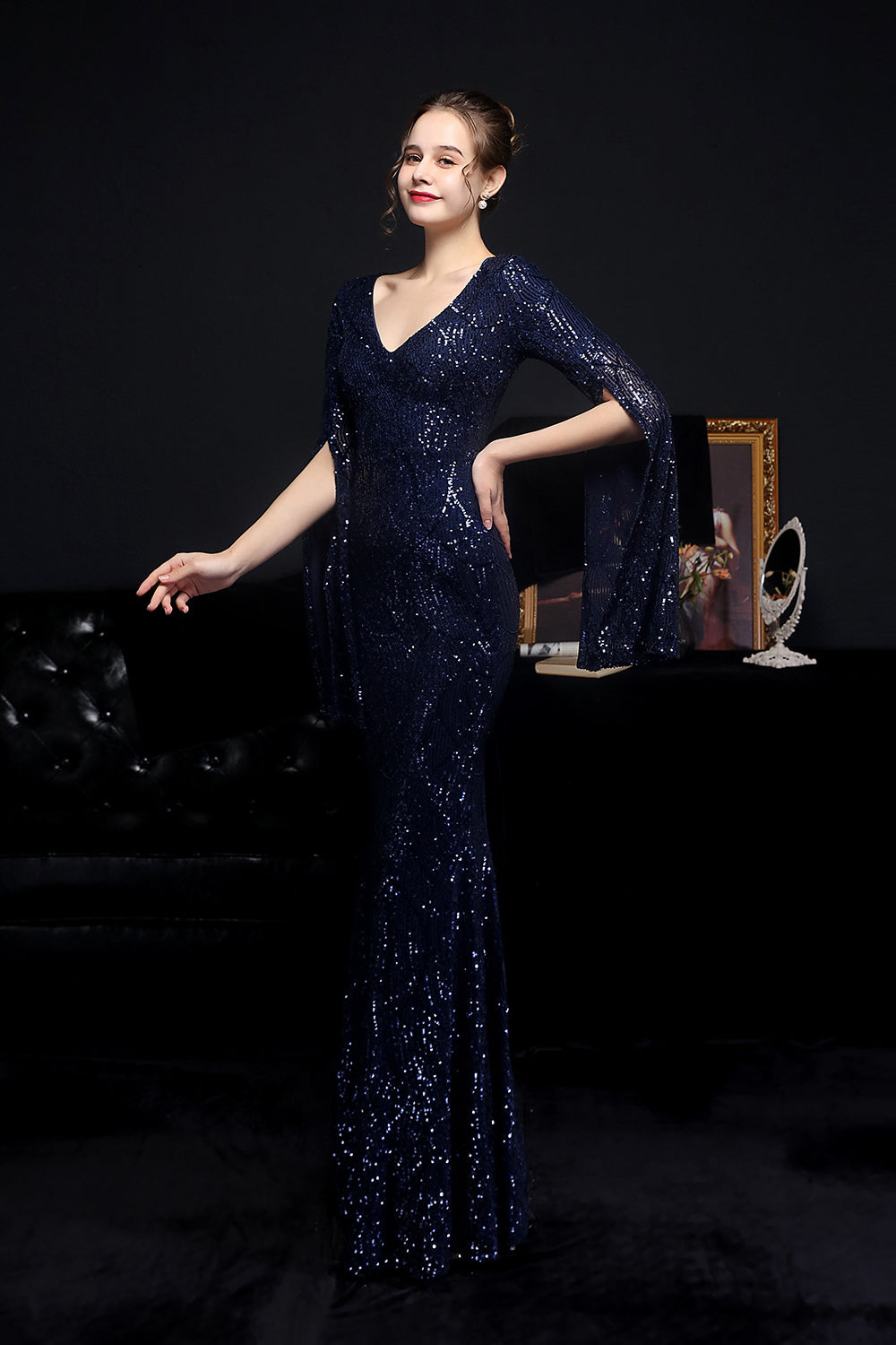 Gorgeous Mermaid V-Neck Sequins Prom Dress with Ruffle Sleeves-BallBride