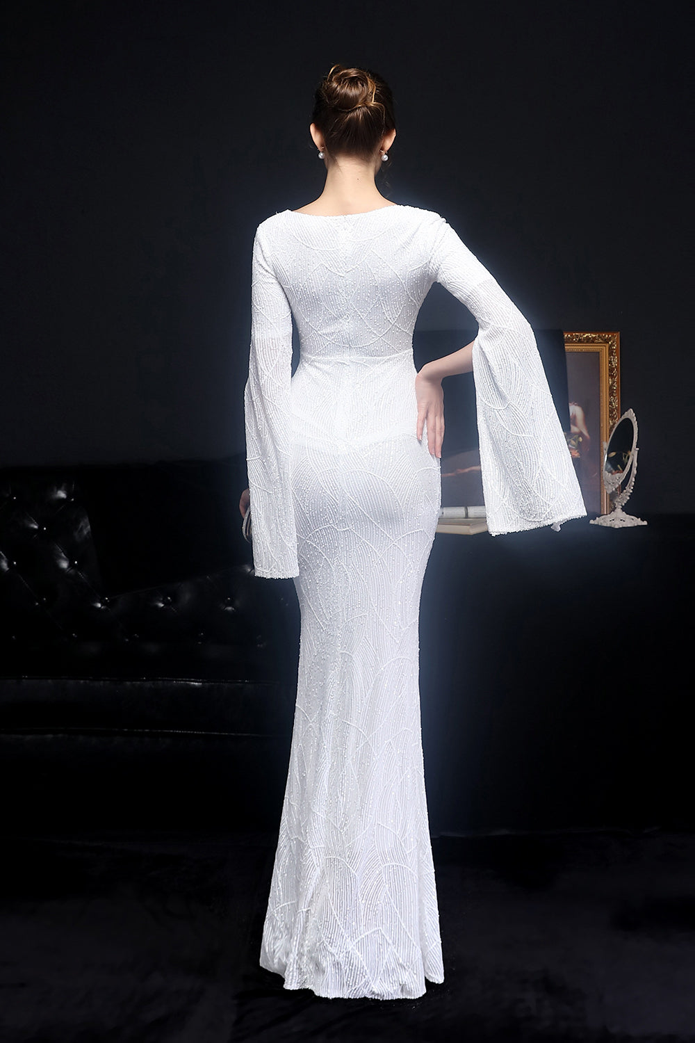 Gorgeous Mermaid V-Neck Sequins Prom Dress with Ruffle Sleeves-BallBride