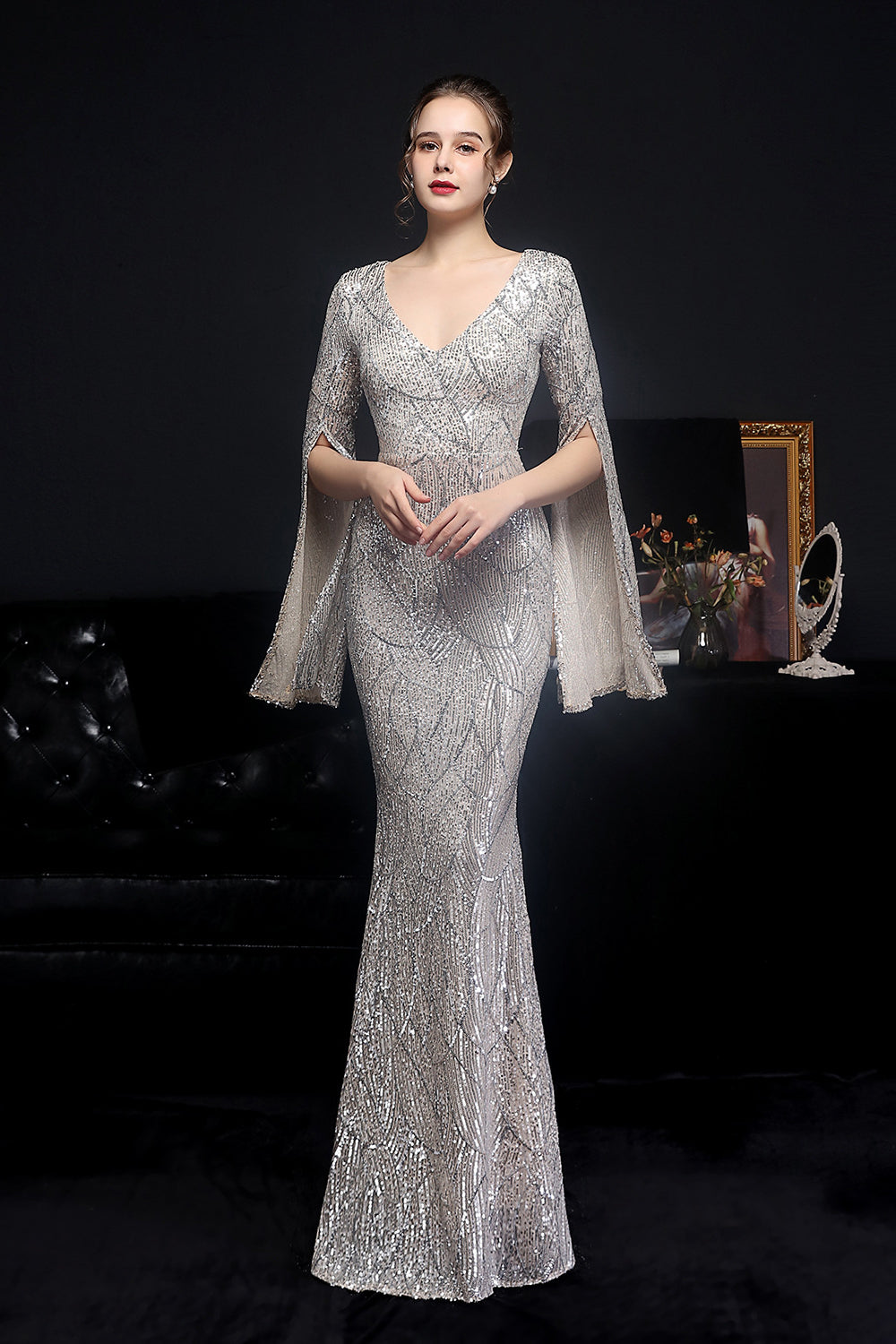 Gorgeous Mermaid V-Neck Sequins Prom Dress with Ruffle Sleeves-BallBride
