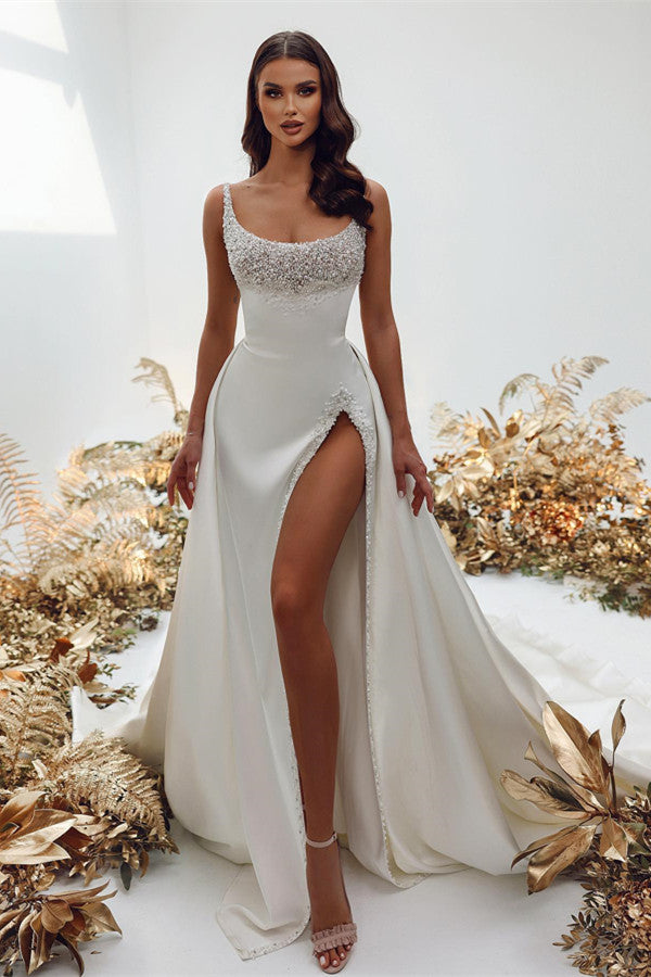 Gorgeous Mermaid Wedding Dress with Pearls and Split Long Sleeves-BallBride