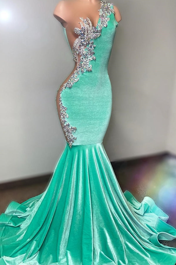 Gorgeous Mint Green Velvet Evening Dress - Mermaid Sleeveless Long Gown with Beads-BallBride