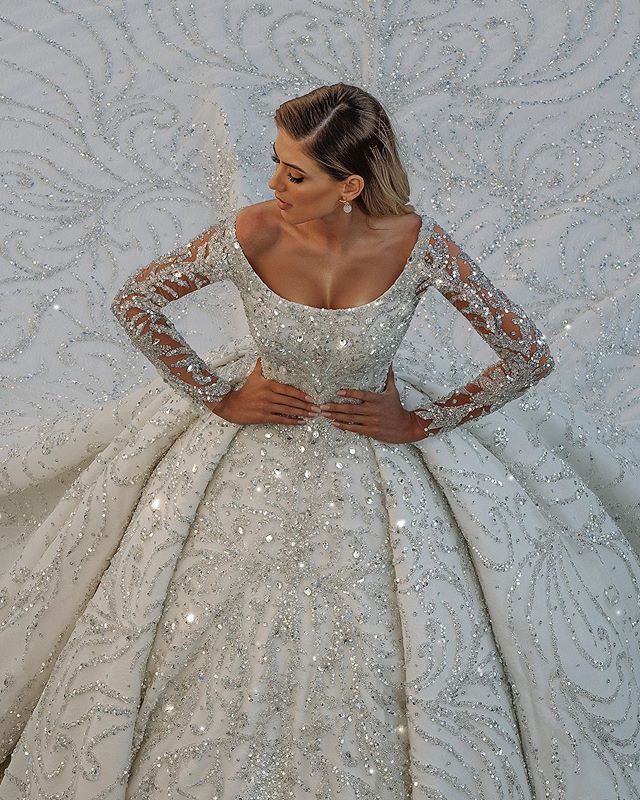 Gorgeous Modest Long Ball Gown Wedding Dress with Off-the-Shoulder Backless Crystal Embellished with Sequins-BallBride