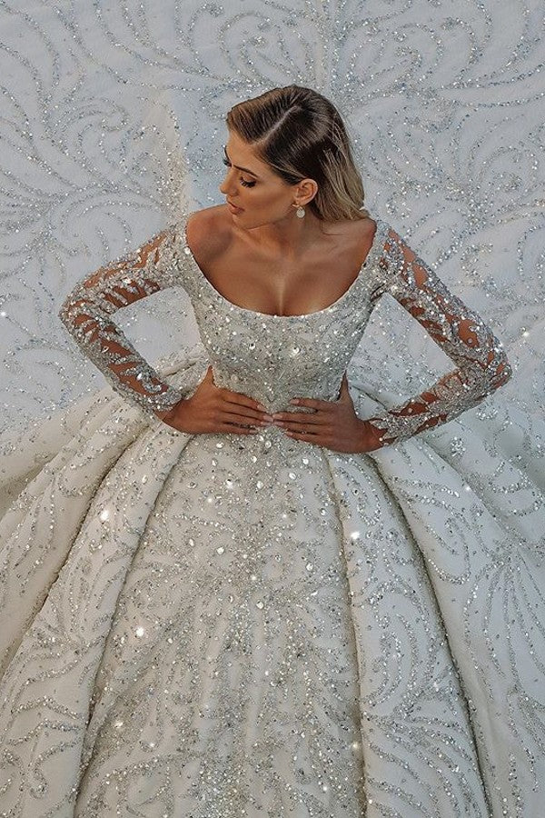 Gorgeous Modest Long Ball Gown Wedding Dress with Off-the-Shoulder Backless Crystal Embellished with Sequins-BallBride