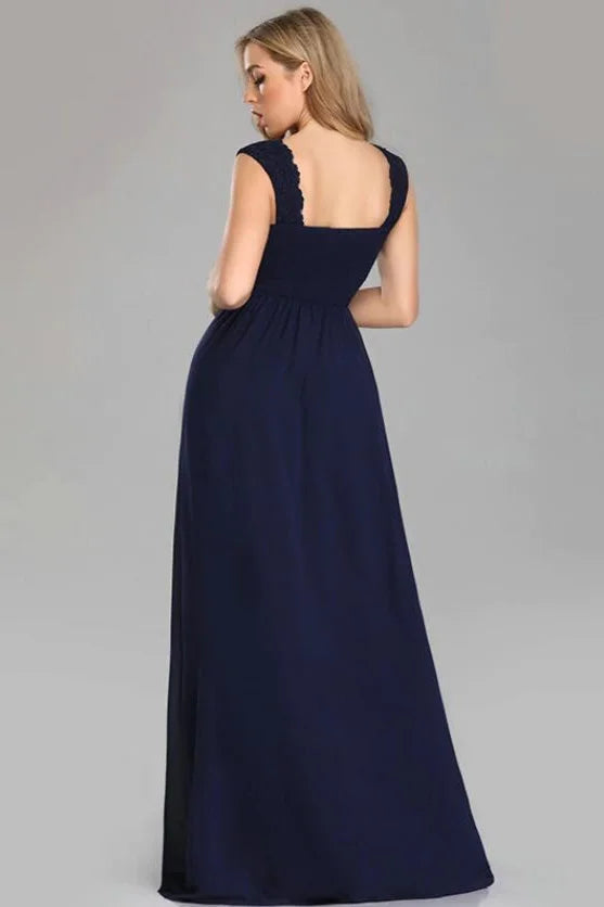 Gorgeous Navy Blue Lace Prom Dress Long V-Neck Beadings Evening Gowns-BallBride