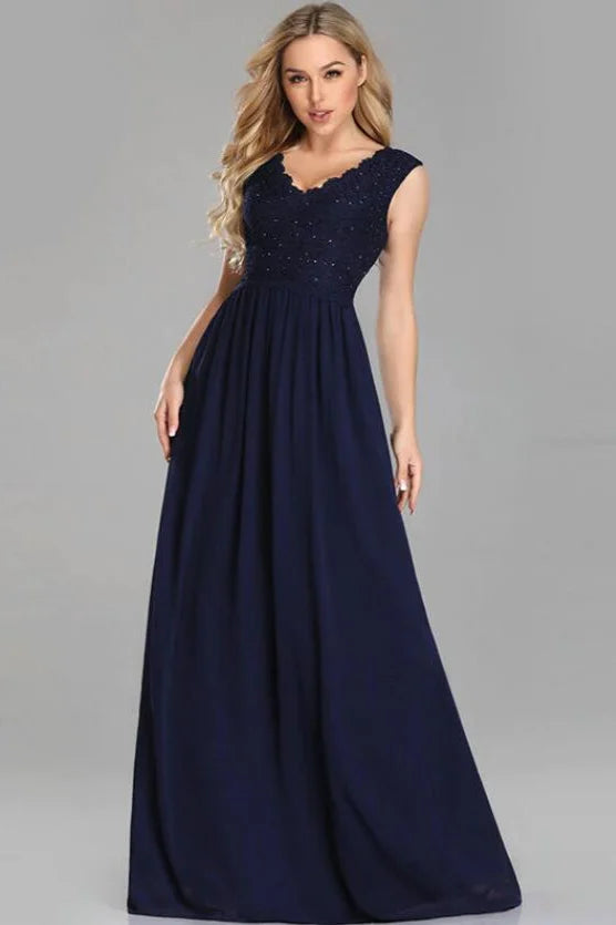 Gorgeous Navy Blue Lace Prom Dress Long V-Neck Beadings Evening Gowns-BallBride