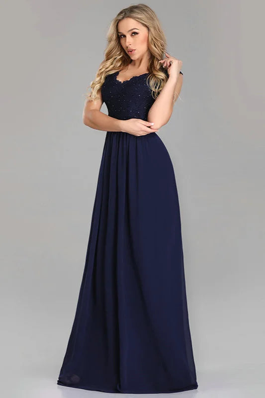 Gorgeous Navy Blue Lace Prom Dress Long V-Neck Beadings Evening Gowns-BallBride