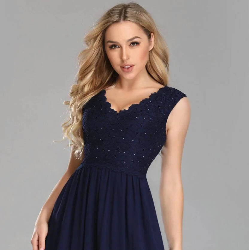 Gorgeous Navy Blue Lace Prom Dress Long V-Neck Beadings Evening Gowns-BallBride