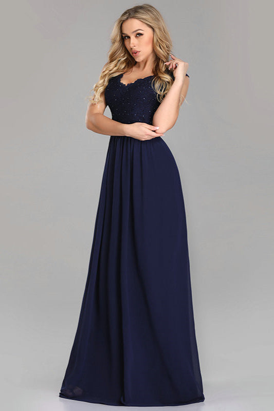 Gorgeous Navy Blue Lace Prom Dress with V-Neck Beadings-BallBride