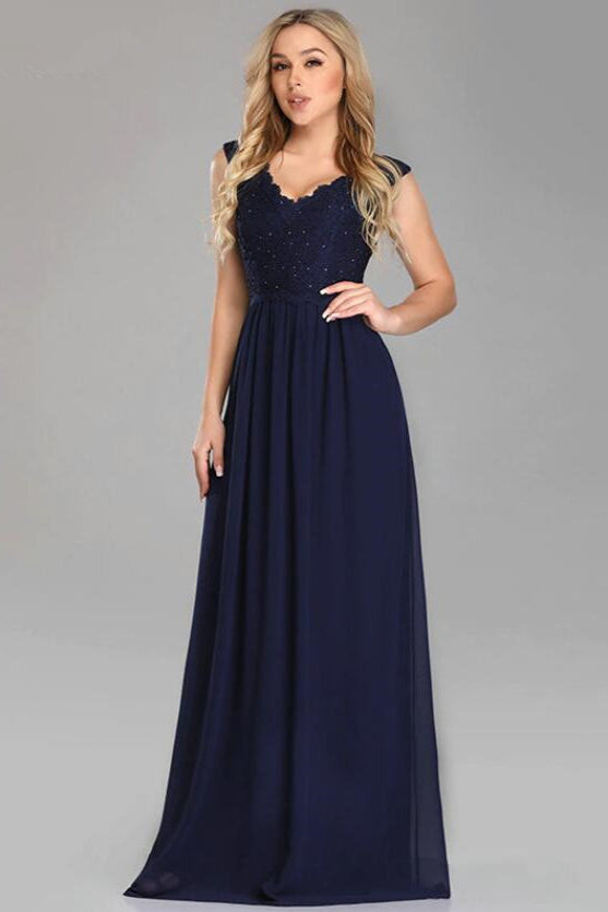 Gorgeous Navy Blue Lace Prom Dress with V-Neck Beadings-BallBride