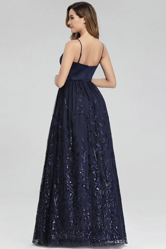 Gorgeous Navy Blue Sweetheart Prom Dress with Leaves Embellishments-BallBride