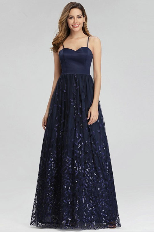 Gorgeous Navy Blue Sweetheart Prom Dress with Leaves Embellishments-BallBride
