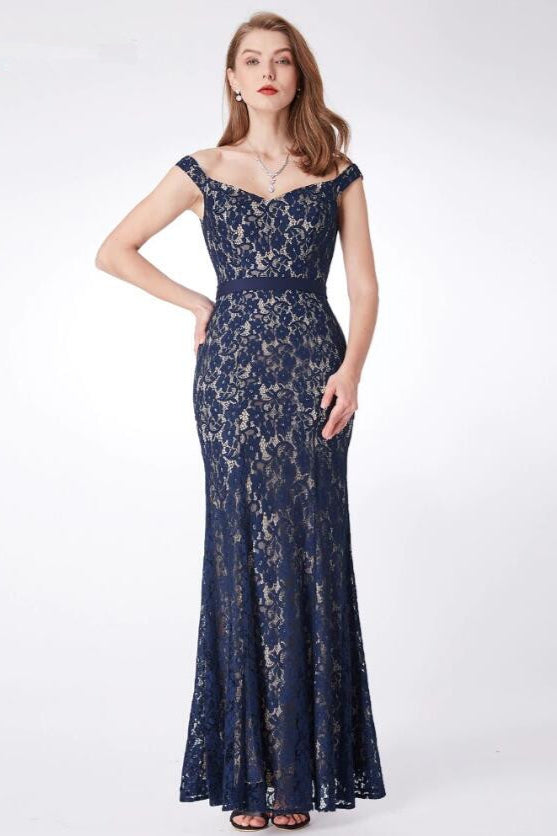Gorgeous Navy V-Neck Lace Mermaid Prom Dress On Sale-BallBride