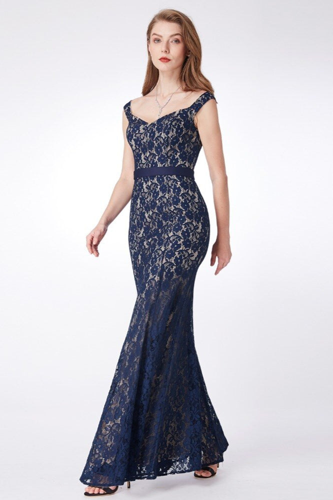 Gorgeous Navy V-Neck Lace Mermaid Prom Dress On Sale-BallBride