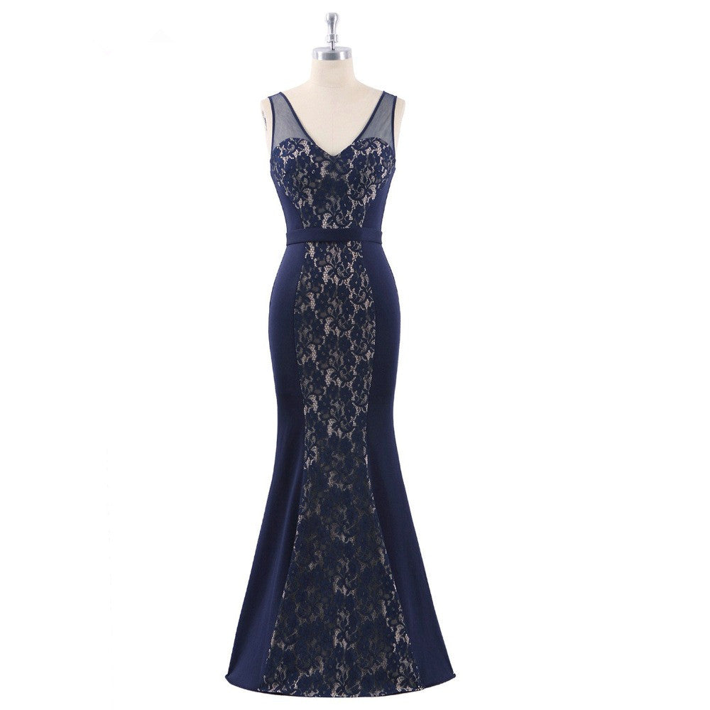 Gorgeous Navy V-Neck Lace Mermaid Prom Dress On Sale-BallBride