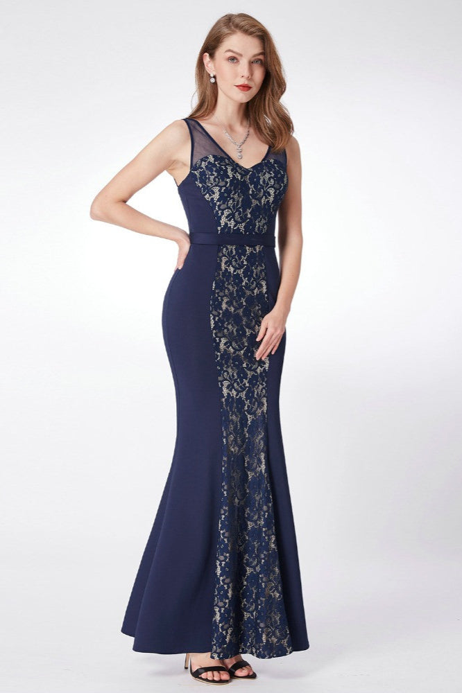 Gorgeous Navy V-Neck Lace Mermaid Prom Dress On Sale-BallBride