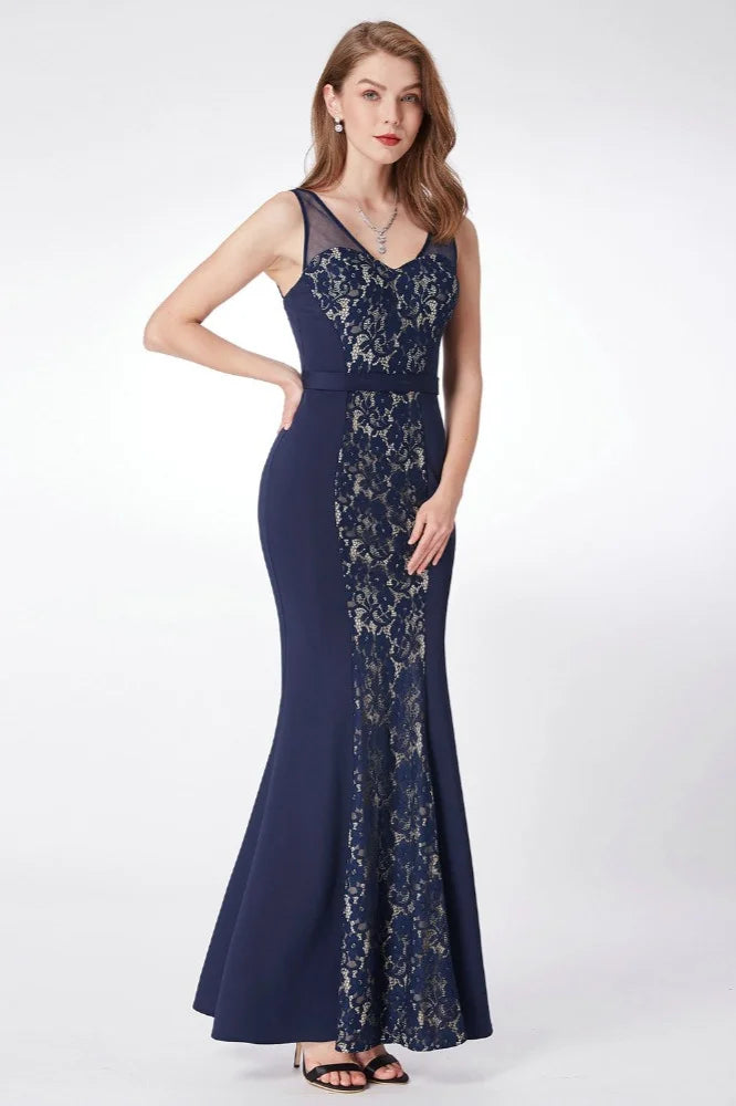 Gorgeous Navy V-Neck Lace Prom Dress Mermaid Long Evening Gowns-BallBride