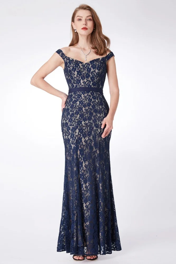 Gorgeous Navy V-Neck Lace Prom Dress Mermaid Long Evening Gowns-BallBride