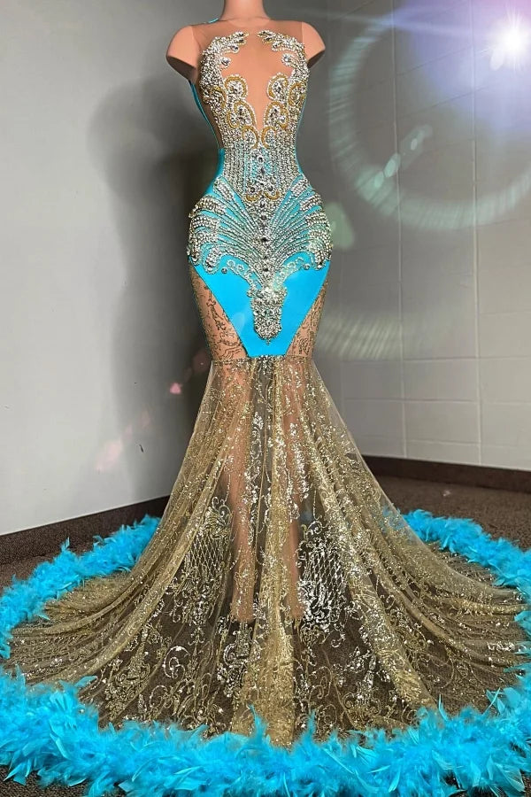 Gorgeous Ocean Blue Mermaid Evening Dress With Crystals Feather-BallBride