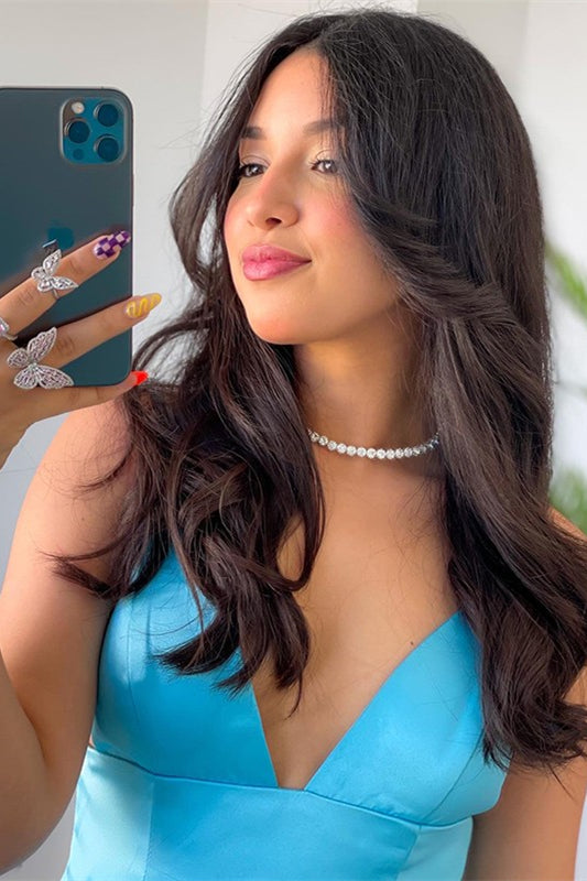 Gorgeous Ocean Blue Prom Dress with Spaghetti-Straps and Slit-BallBride