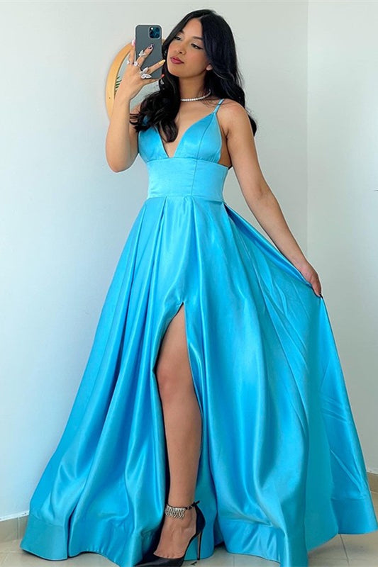Gorgeous Ocean Blue Prom Dress with Spaghetti-Straps and Slit-BallBride