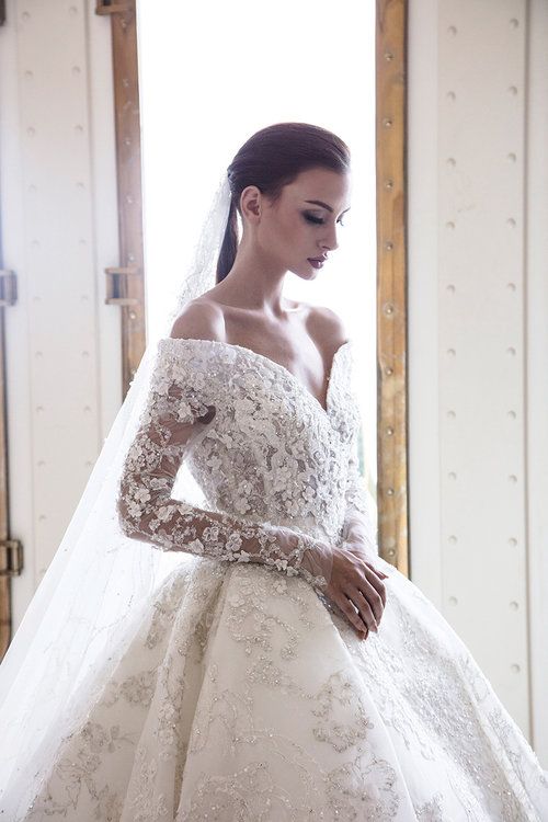 Gorgeous Off-the-Shoulder A-Line Wedding Dress with Sweetheart Neckline, Long Sleeves, and Appliques Lace Crystal-BallBride