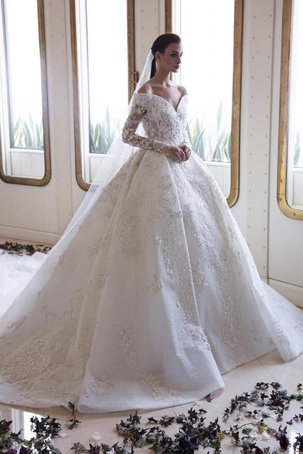Gorgeous Off-the-Shoulder A-Line Wedding Dress with Sweetheart Neckline, Long Sleeves, and Appliques Lace Crystal-BallBride