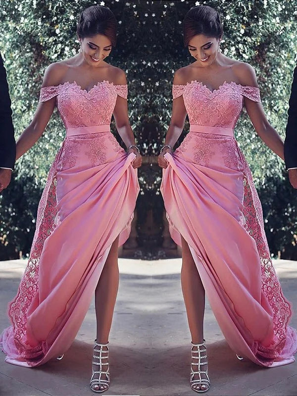 Gorgeous Off-the-Shoulder Candy Pink Evening Dress With Lace-BallBride