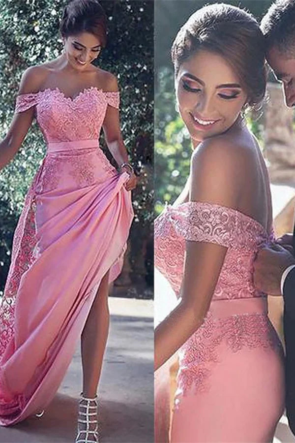 Gorgeous Off-the-Shoulder Candy Pink Evening Dress With Lace-BallBride