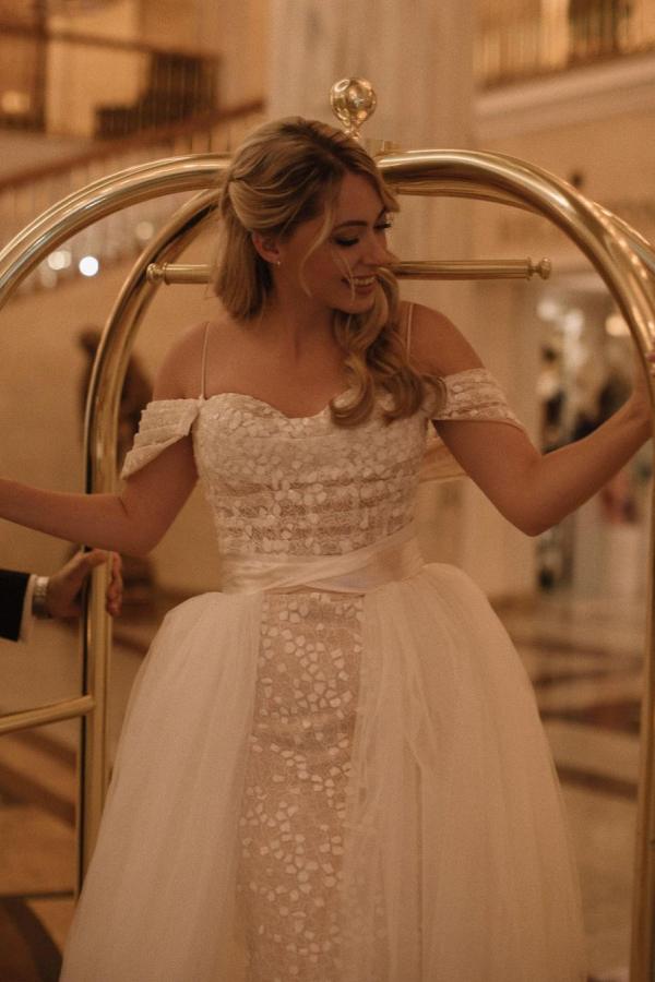 Gorgeous Off-The-Shoulder Long Mermaid Wedding Dress With Detachable Tulle Train-BallBride