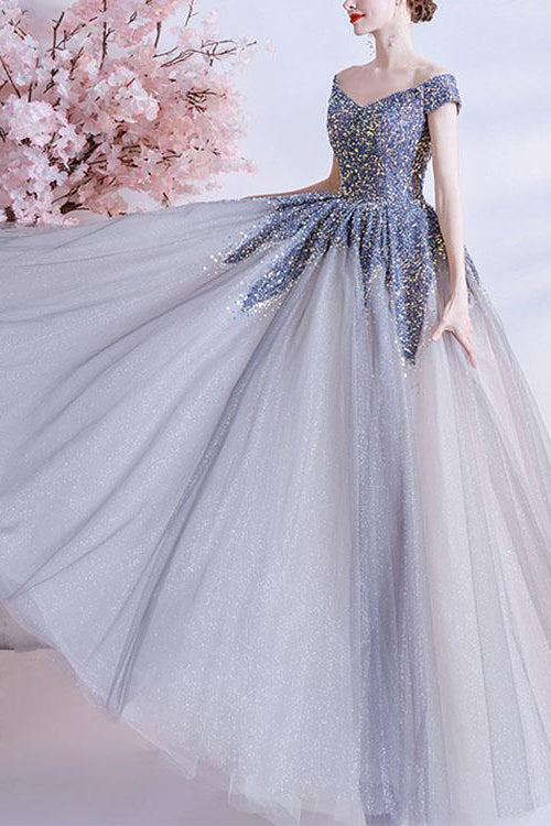 Gorgeous Off-The-Shoulder Long Prom Dress With Sweetheart Sequins-BallBride