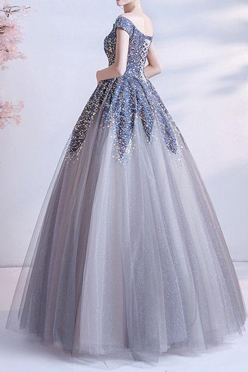 Gorgeous Off-The-Shoulder Long Prom Dress With Sweetheart Sequins-BallBride