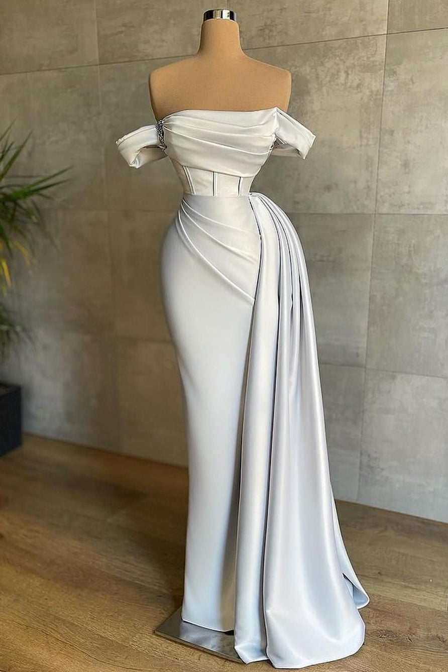 Gorgeous Off-the-Shoulder Mermaid Evening Dress with Pleats and Ruffle-BallBride