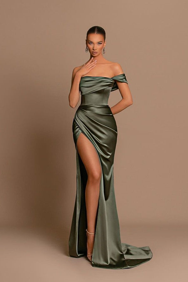 Gorgeous Off-the-Shoulder Mermaid Long Prom Dress with Pleats and Slit-BallBride