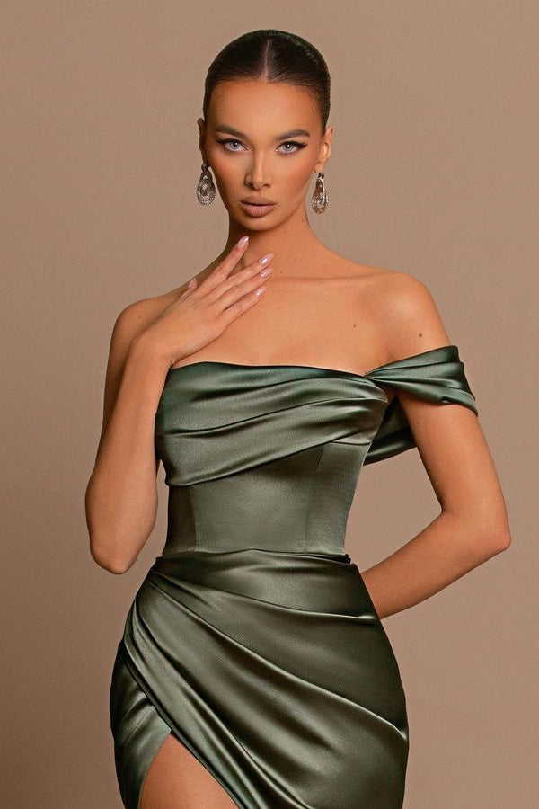 Gorgeous Off-the-Shoulder Mermaid Long Prom Dress with Pleats and Slit-BallBride